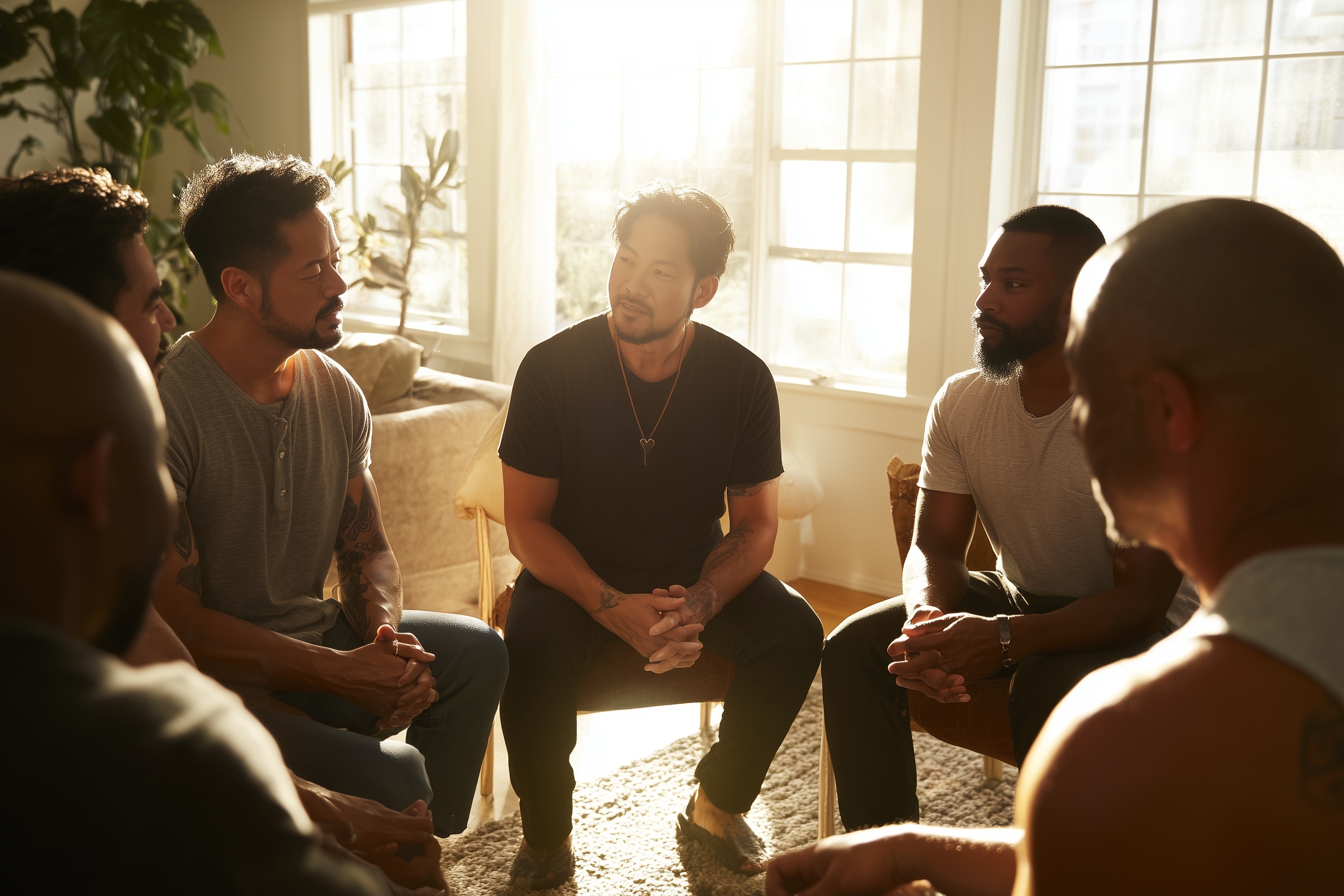 photograph of a small group of gay and queer men of color sitting in a bright sunlit room, arranged in a circle, having a thoughtful conversation,